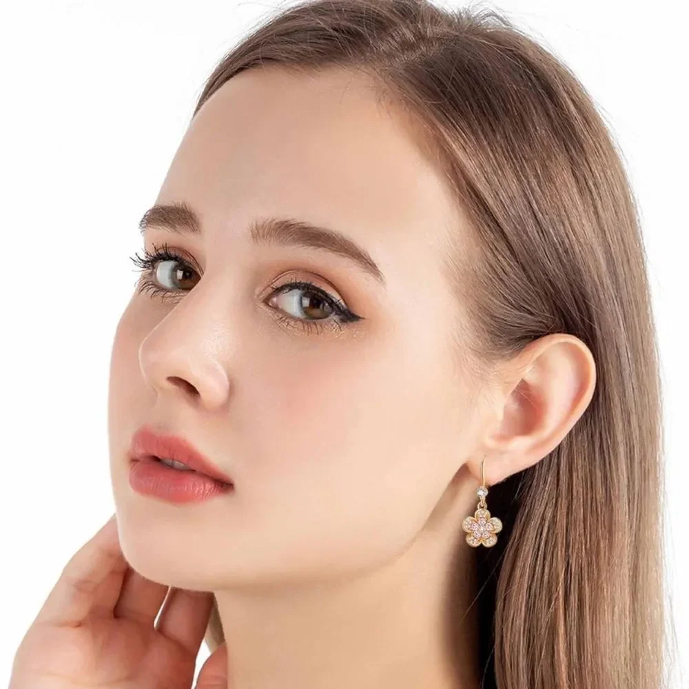 14K Yellow Gold with Pink Sapphire and Diamond Austrian Crystal Flower Earrings
